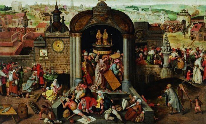 Tundmatu Madalmaade kunstnik Hieronymus Boschi (14501516) ja Pieter Bruegel vanema (1526/301569) ringist Kaubitsejate ja rahavahetajate templist väljaajamine. U 1570
Õli, puu
Eesti Kunstimuuseum
Tundmatu Madalmaade kunstnik Hieronymus Bosch