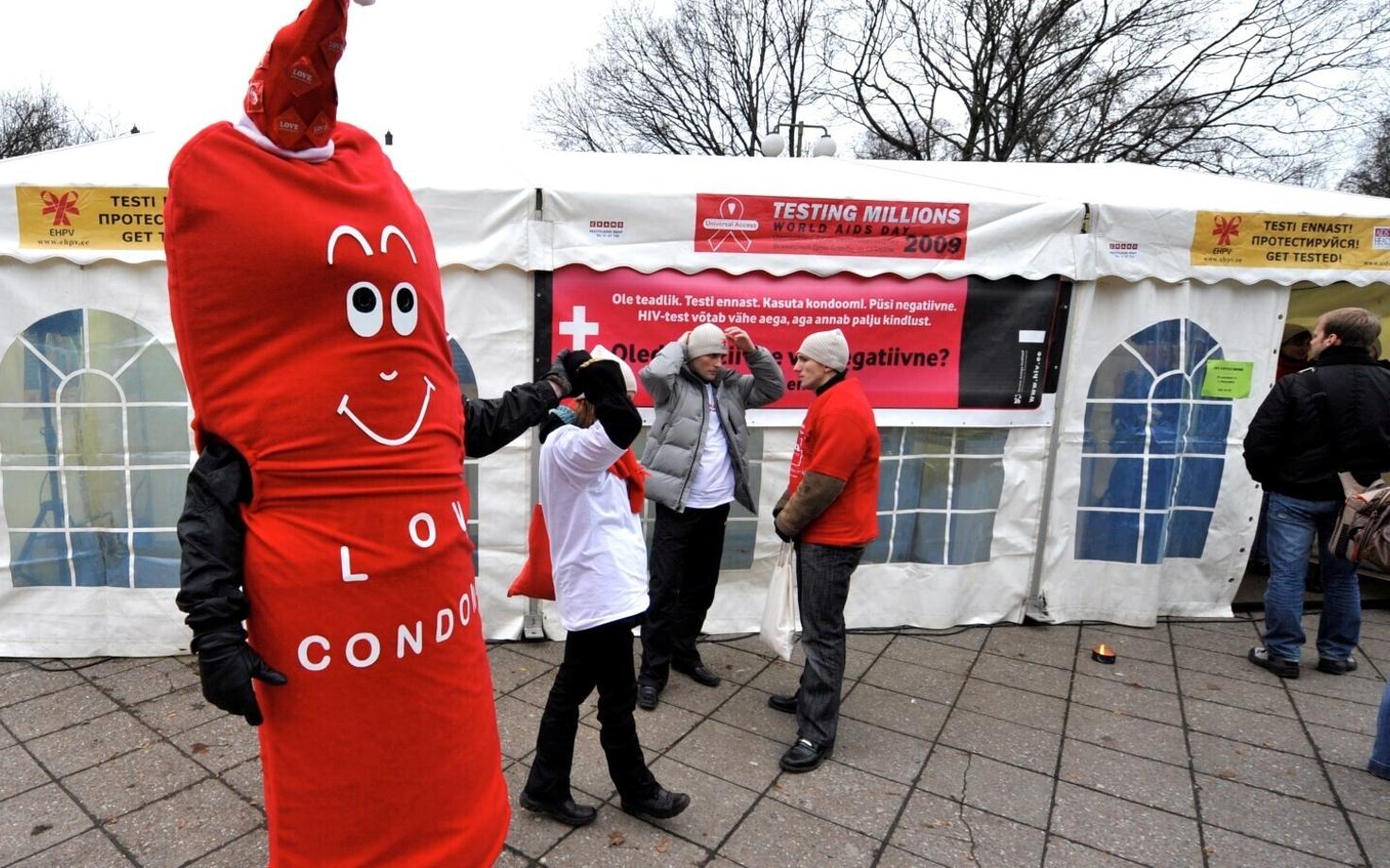A mascot at an HIV-awareness event