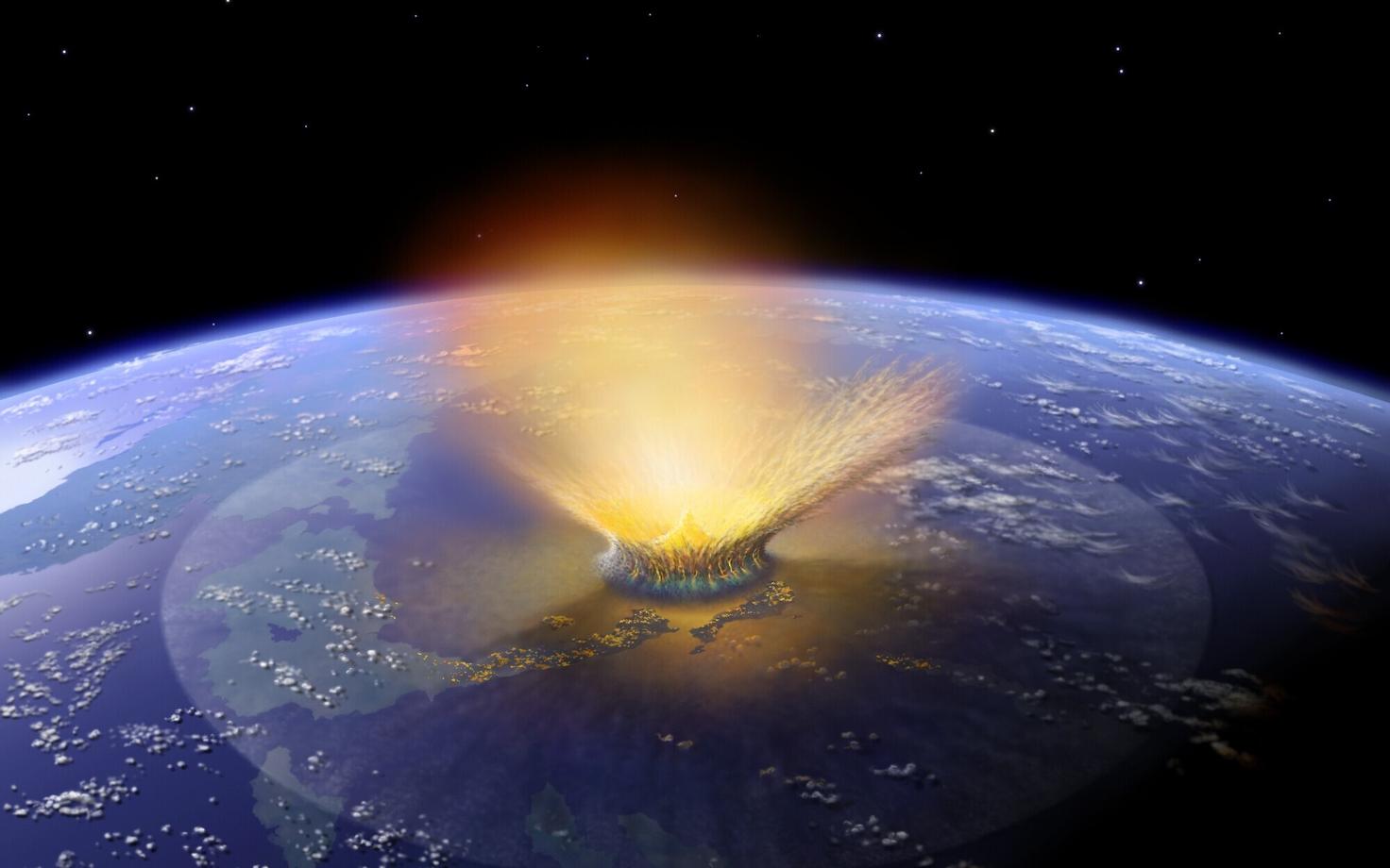 Kunstniku kujutus 10-kilomeetrise läbimõõduga Maad tabavast asteroidist.