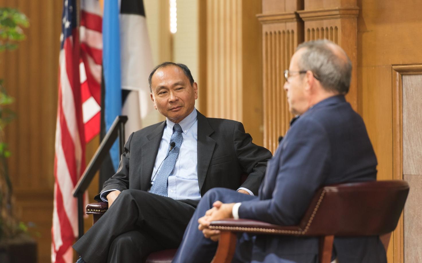 Francis Fukuyama and Toomas Hendrik Ilves discuss future of information technology in Stanford University, California.