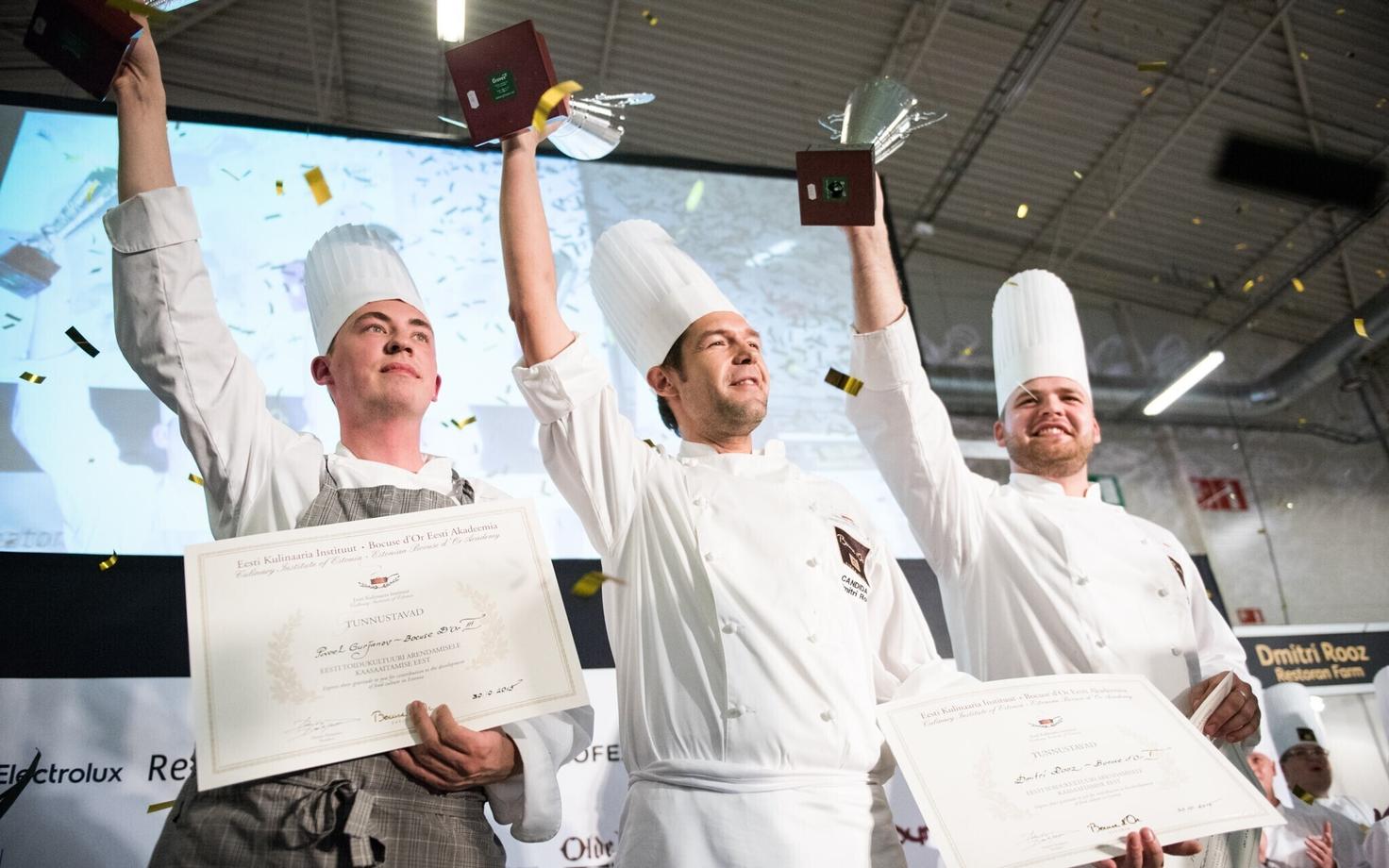 Bocuse d'Or kokkade võistlus Toidumessil 2015. Võitja Dmitri Rooz (restoran Farm) keskel.