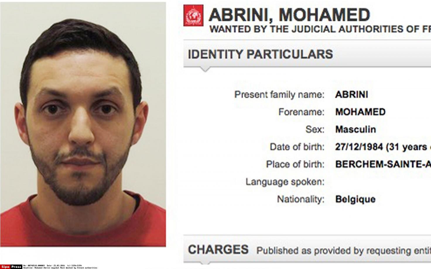 Mohamed Abrini tagaotsimiskuulutus.