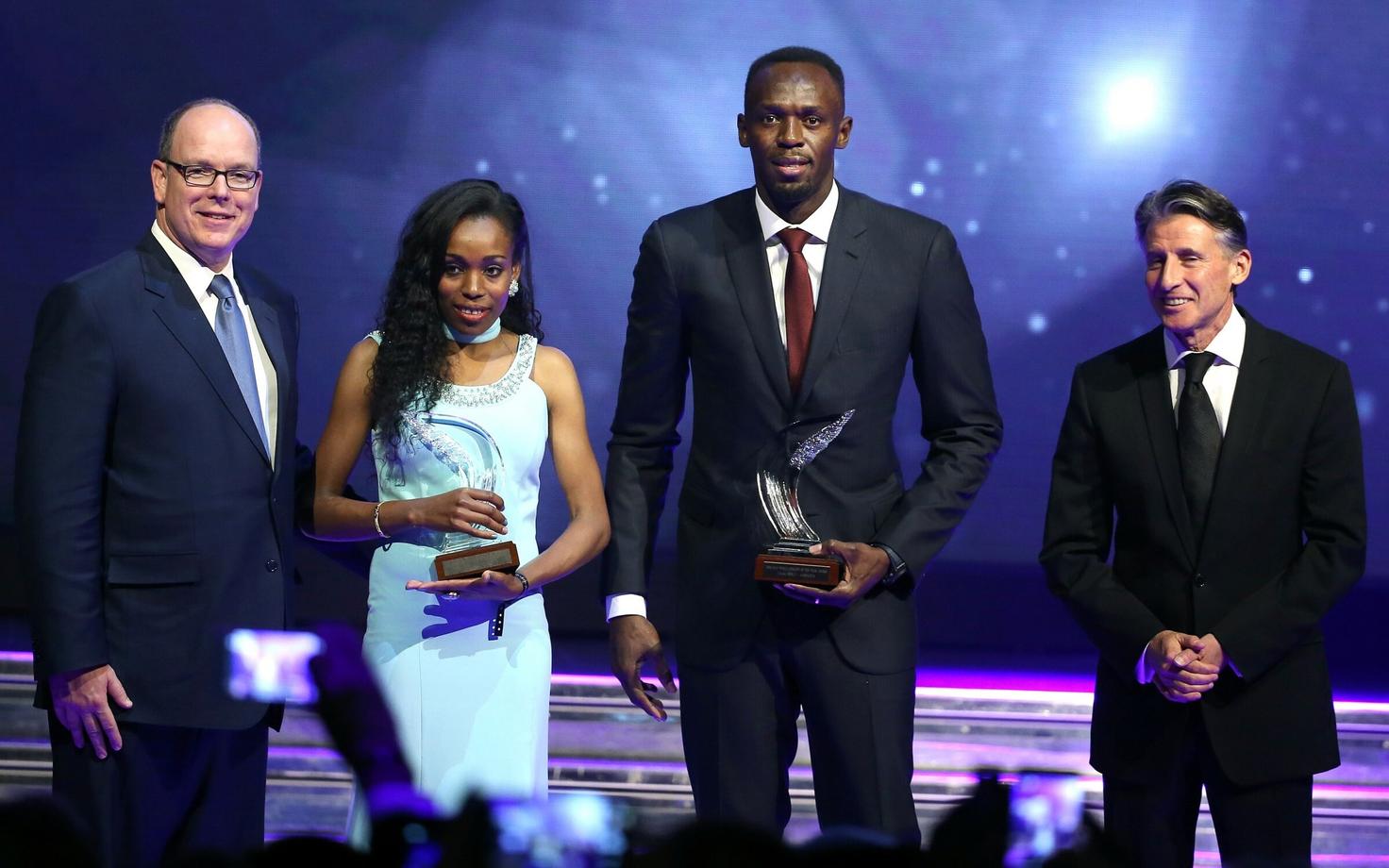 (vasakult) Monaco vürst Albert, Almaz Ayana, Usain Bolt ning IAAF-i president lord Sebastian Coe