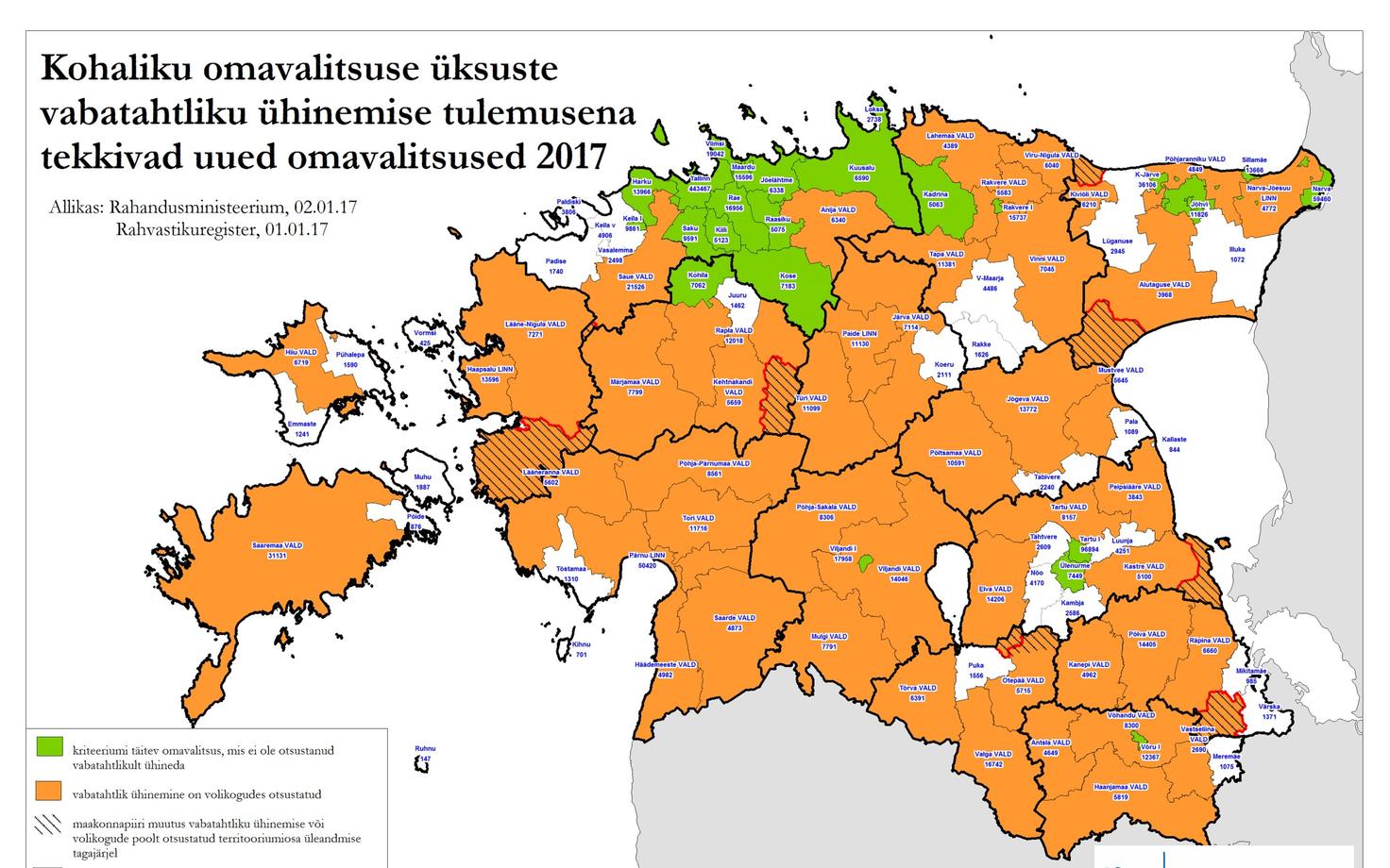 Карта Эстонии после первого этапа объединения самоуправлений.