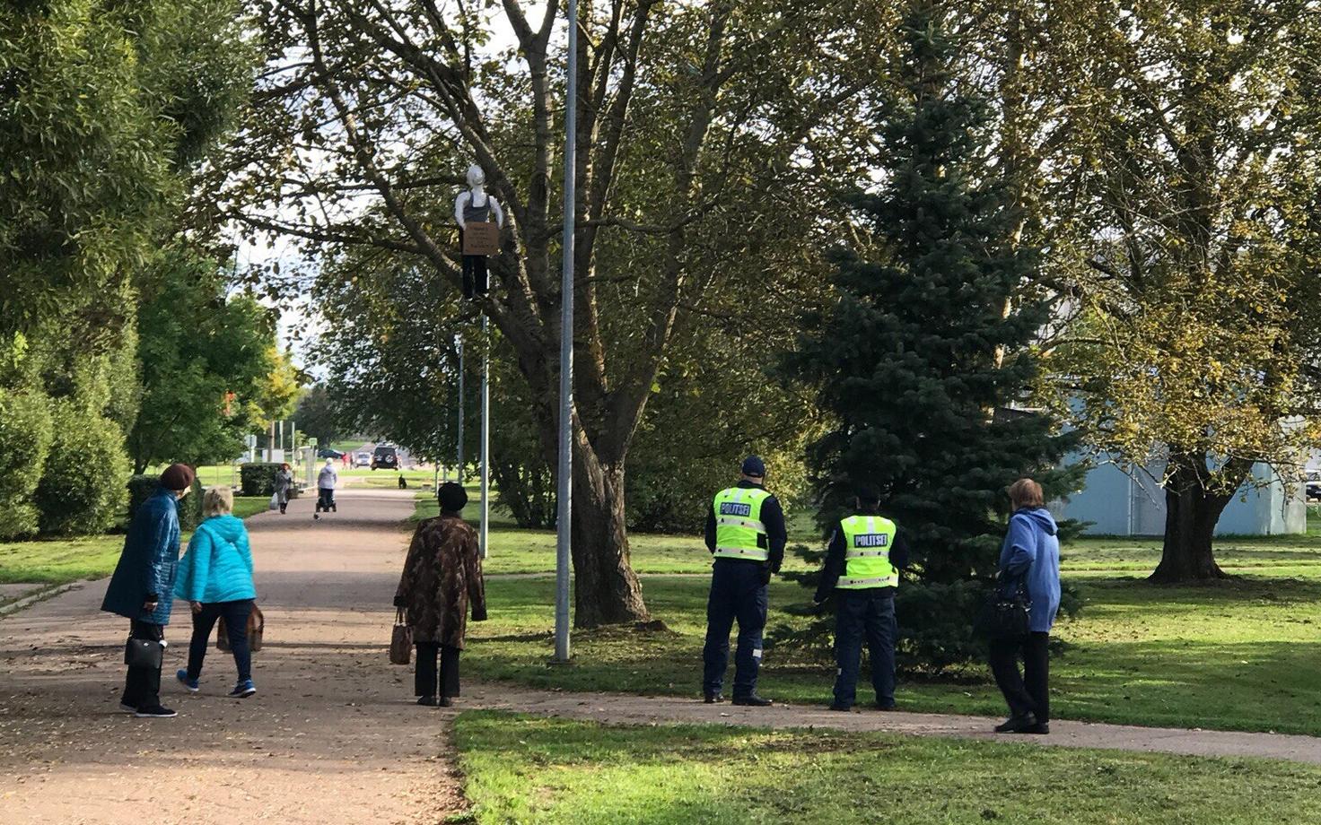 Манекен на дереве в парке Пяхклимяэ в Нарве.