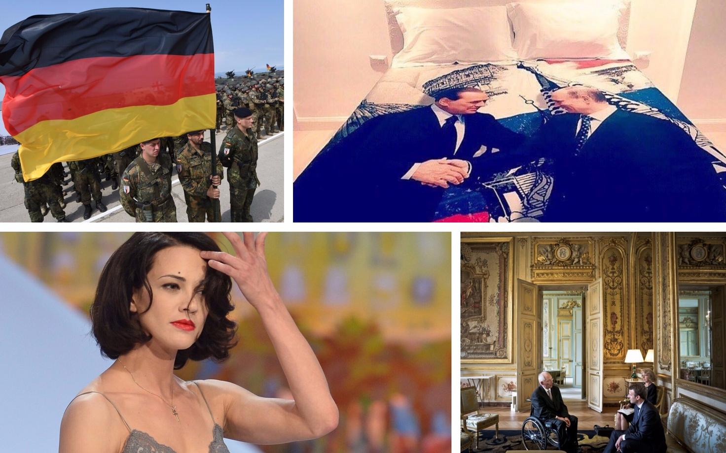 Saksa sõdurid õppusel Noble Partner Gruusias (AFP/Scanpix), Berlusconi poolt Putinile kingitud tekikott (Lenzuolissimi Instagrami konto), näitlejanna Asia Argento (AFP/Scanpix) ja Wolfgang Schäuble külas Emmanuel Macronil (SIPA/Scanpix).