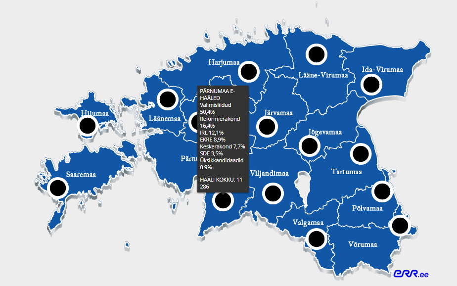 E-häälte jaotumine maakonniti.