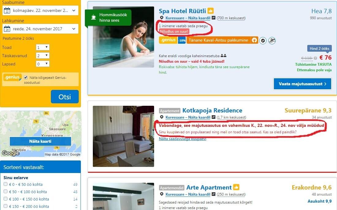 Booking.com rõhub defitsiitsusele ja näitab, millistest majutusvõimalustest on huviline juba ilma jäänud.