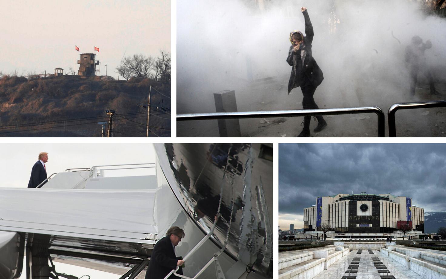 Põhja-Korea piirivalvetorn (Reuters/Scanpix), Iraani valitsuse vastane meeleavaldaja Teheranis (AFP/Scanpix), arhiivifoto, kuidas Trump ja tema nõunik Bannon lennukisse sisenevad (AFP/Scanpix), kultuuripalee Sofias (AFP/Scanpix).