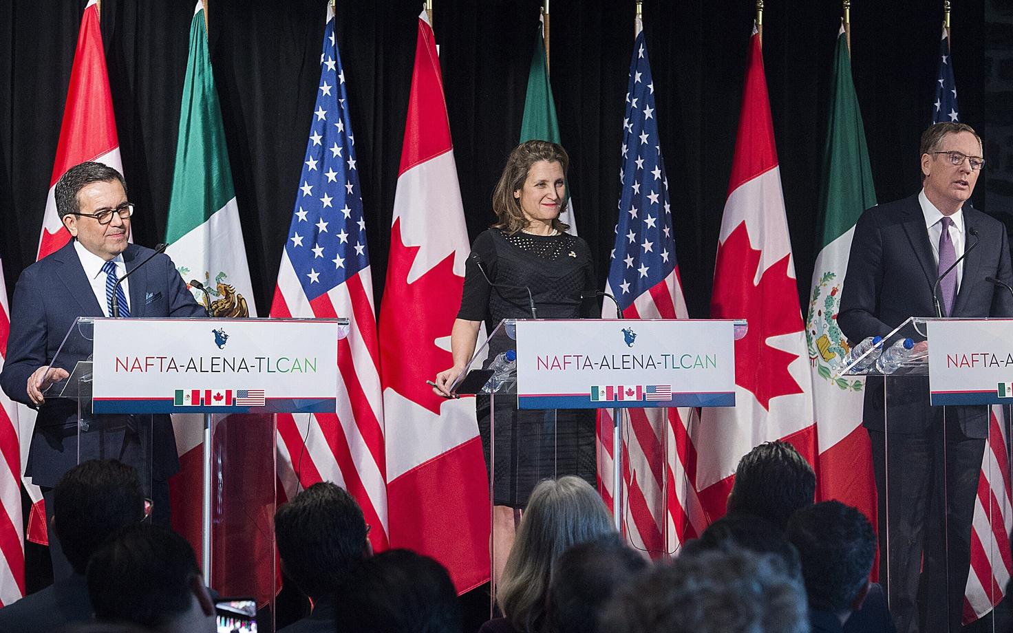 Mehhiko majandusminister Ildefonso Guajardo Villarrea, Kanada välisminister Chrystia Freeland ja USA kaubandusesindaja Robert Lighthizer.