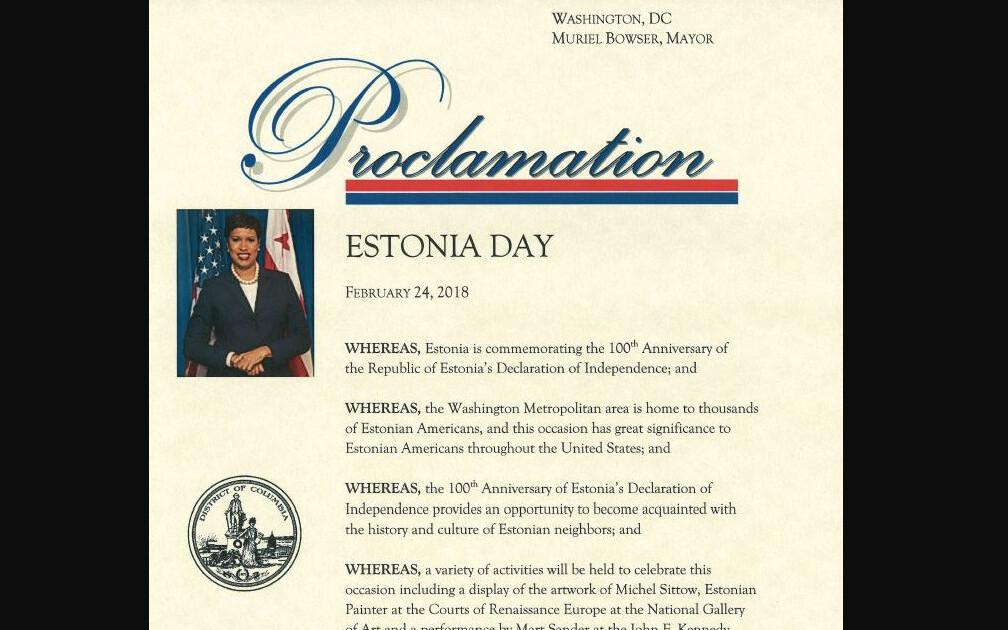 In honor of the Estonian centennial, Washington D.C. Mayor Muriel Bowser declared Feb. 24, 2018