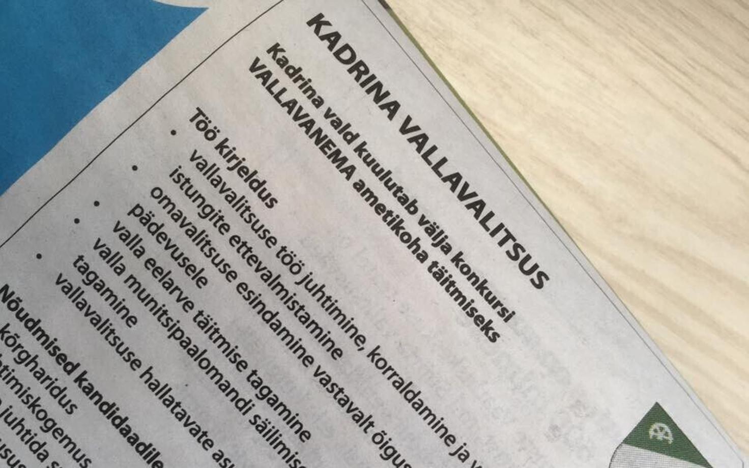 Konkursi kuulutus ajalehes.