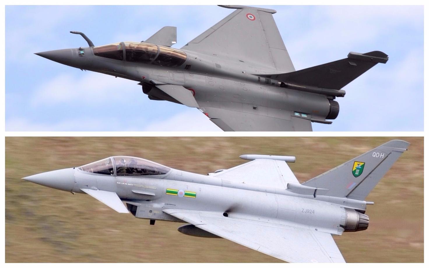 Prantsuse õhuväe Dassault Rafale B (üleval) ja Briti õhuväe Eurofighter EF-2000 Typhoon F2.
