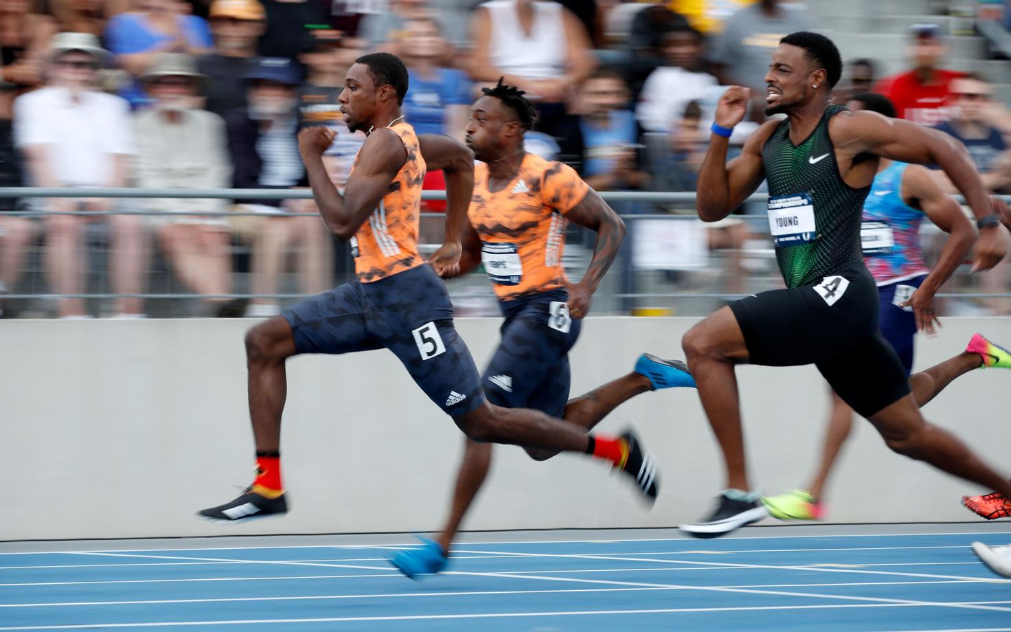 Noah Lyles (kõige ees) USA 100 meetri jooksu meistrivõistlustel