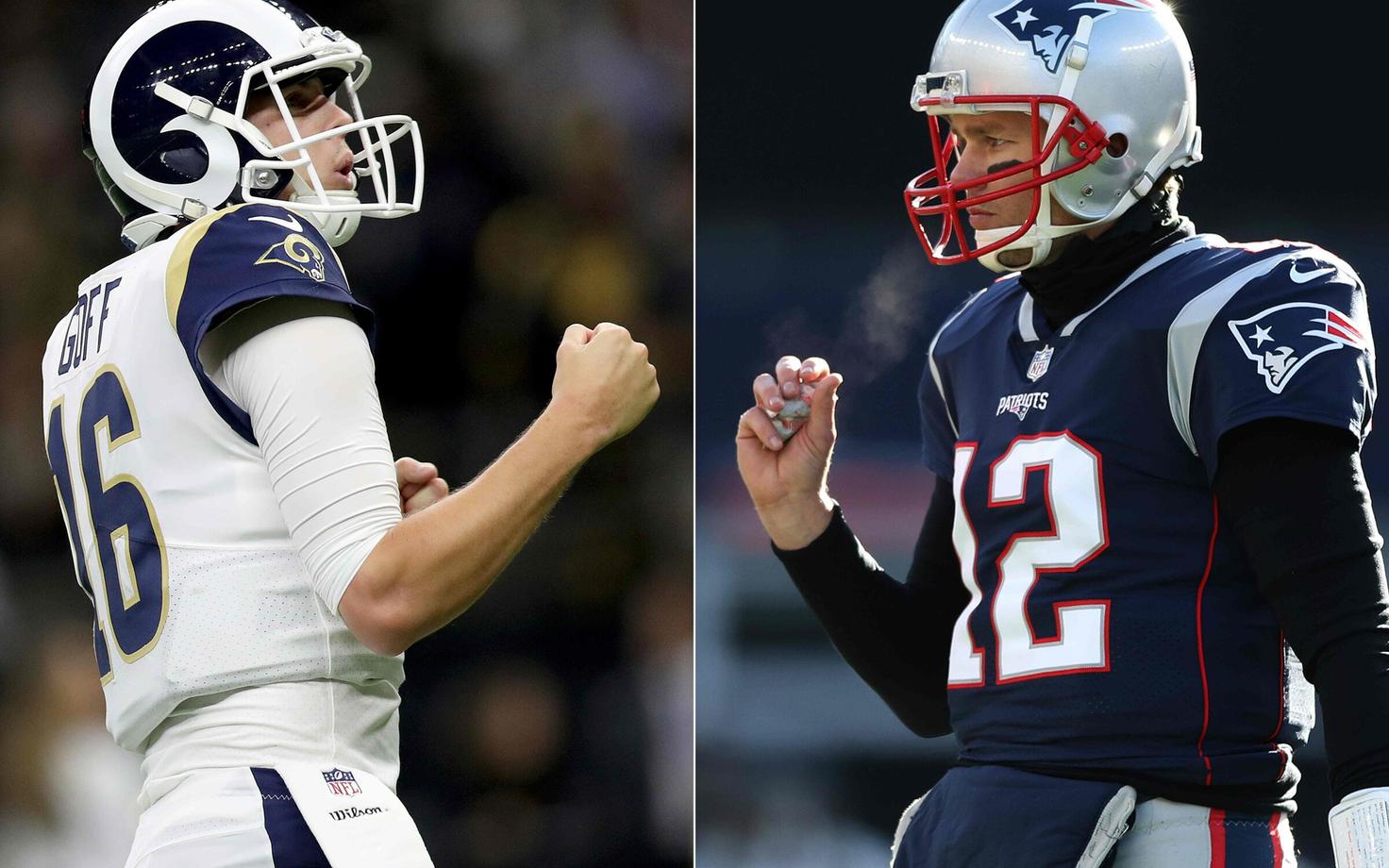 Jared Goff (Los Angeles Rams) ja Tom Brady (New England Patriots)
