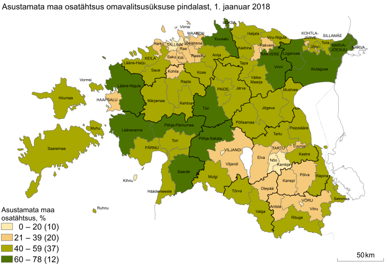 Удельный вес незаселенной территории (%) в местных самоуправлениях на 1 января 2018 года.
