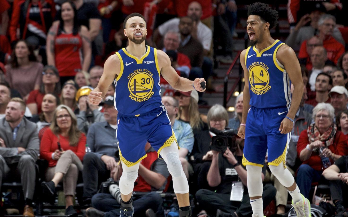 Stephen Curry ja Quinn Cook finaalipääsu üle rõõmustamas.
