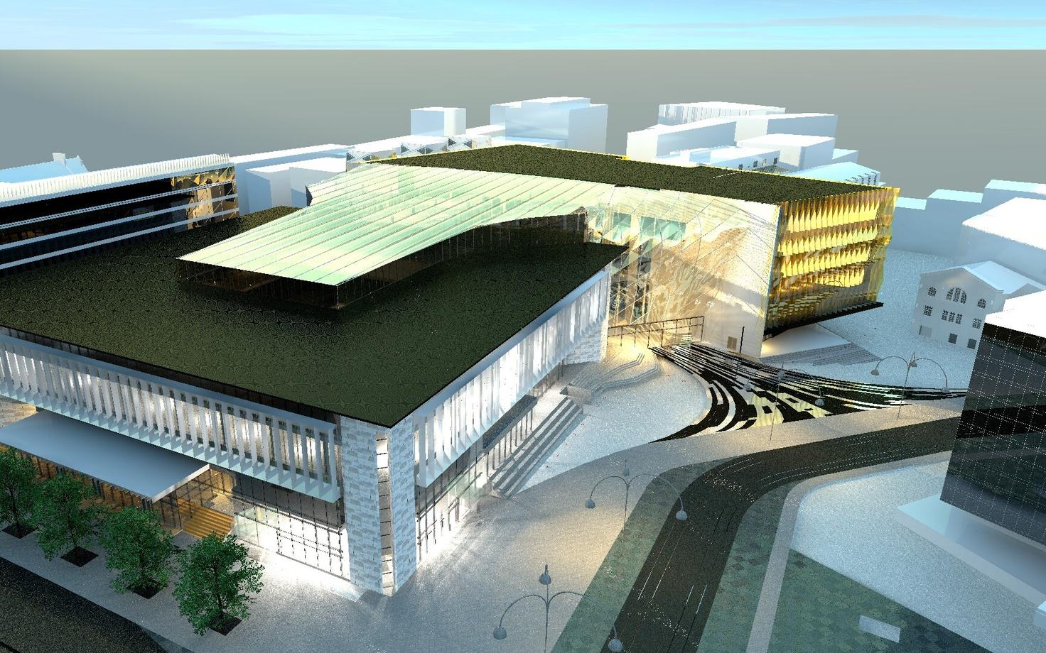 HG Arhitektuuri projekteeritud kavand postimaja ja kinohoone kompleksist, mille ette oli ette nähtud jalakäijate ala.