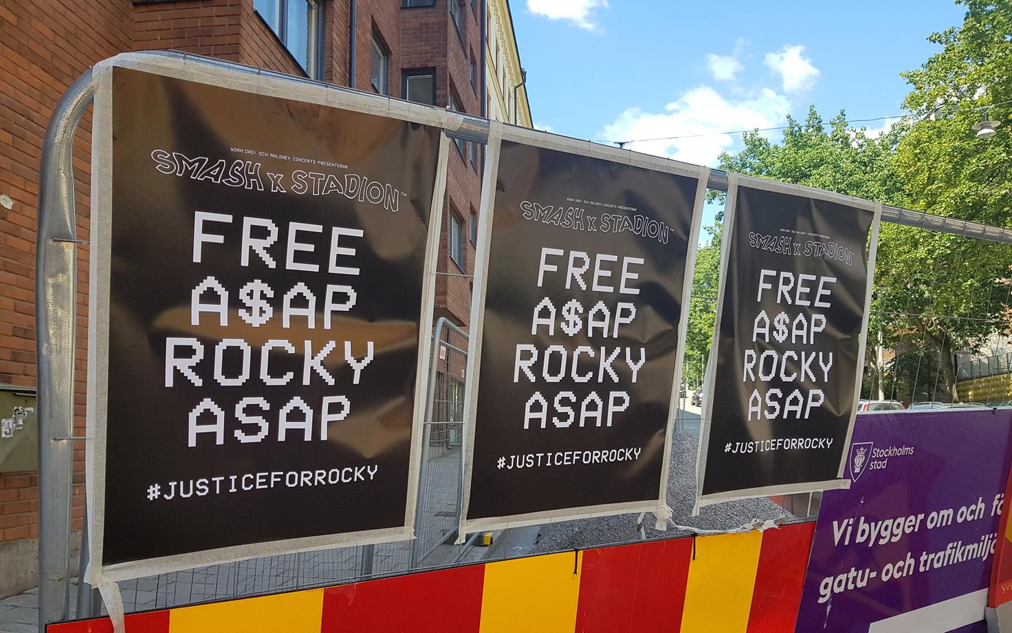 Plakatid kinnipidamisasutuse juures, kus räppar A$AP Rocky on kolmandat nädalat vahi all.