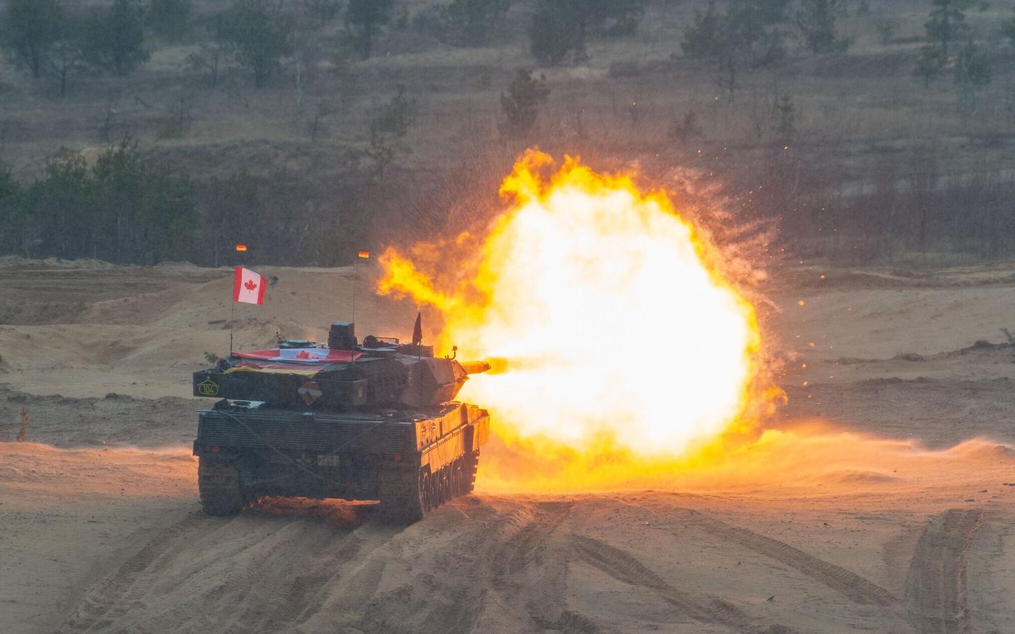 Main Battle Tank in Canadian service in action on the firing range at Ādaži, Latvia.