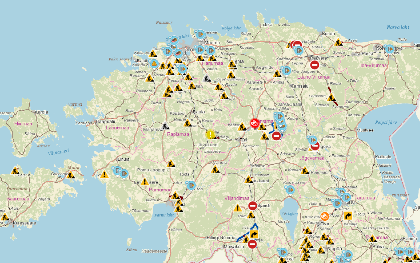 Avariipaik (punane märk) maanteeameti Tark tee kaardirakendusel
