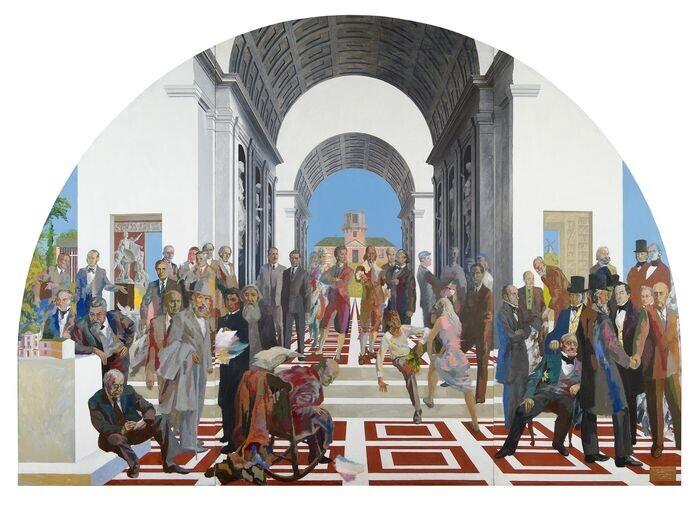 Enn Põldroos. Universitas Tartuensis. 1982. Tempera, masoniit. Kingitud 1982. aastal Tartu Ülikooli 350. aastapäevaks ENSV Kultuuriministeeriumi poolt.