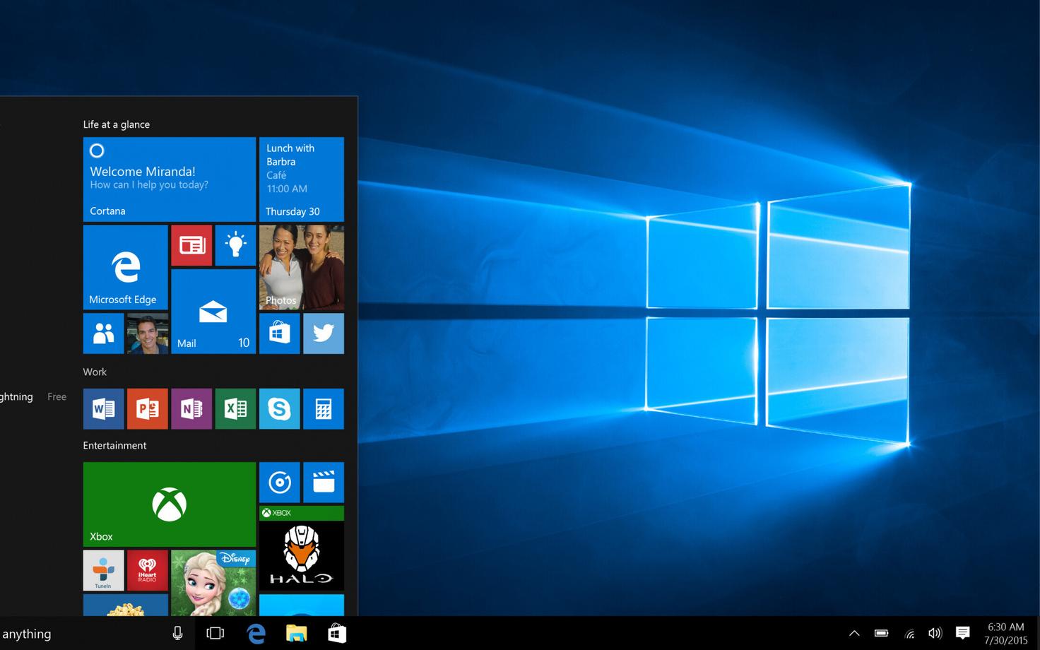 Operatsioonisüsteemi Windows 10 avaleht.