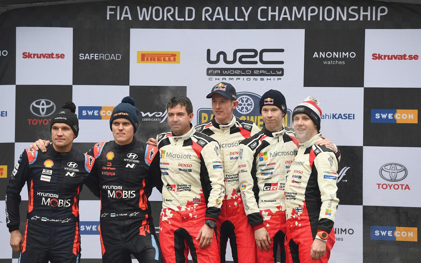 Rootsi ralli pjedestaal: Ott Tänak vasakult teine ja Elfyn Evans vasakult neljas