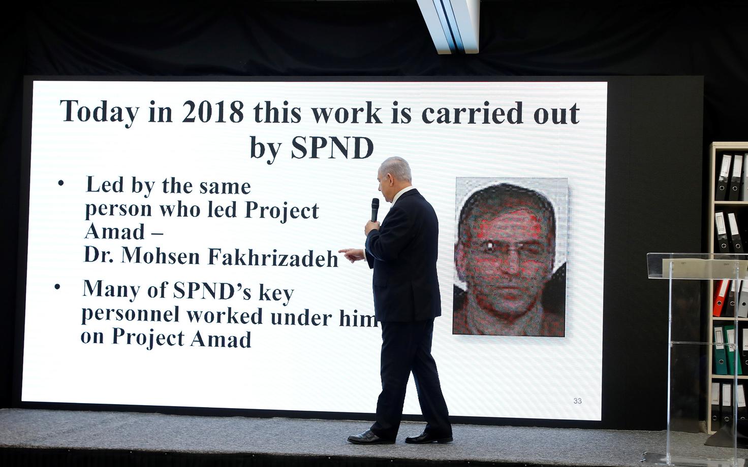 Iisraeli peaminister Benjamin Netanyahu 2018. aastal pressikonverentsil Mohsen Fakhrizadeh'st rääkimas.
