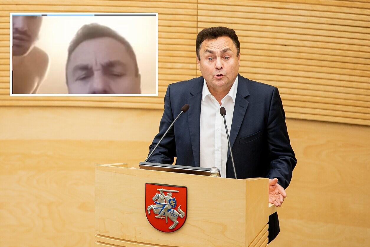 Leedu seimisaadik Petras Gražulis ja kaamerapilt, kus tema selja taga on paljas mees