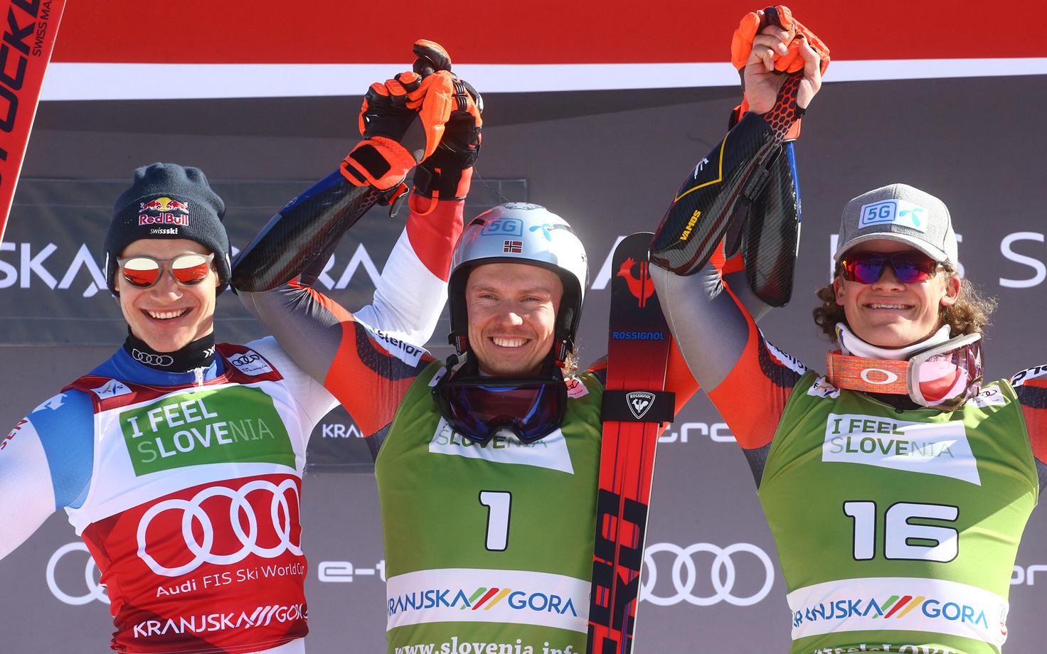 Vasakult: Marco Odermatt, Henrik Kristoffersen, Lucas Braathen