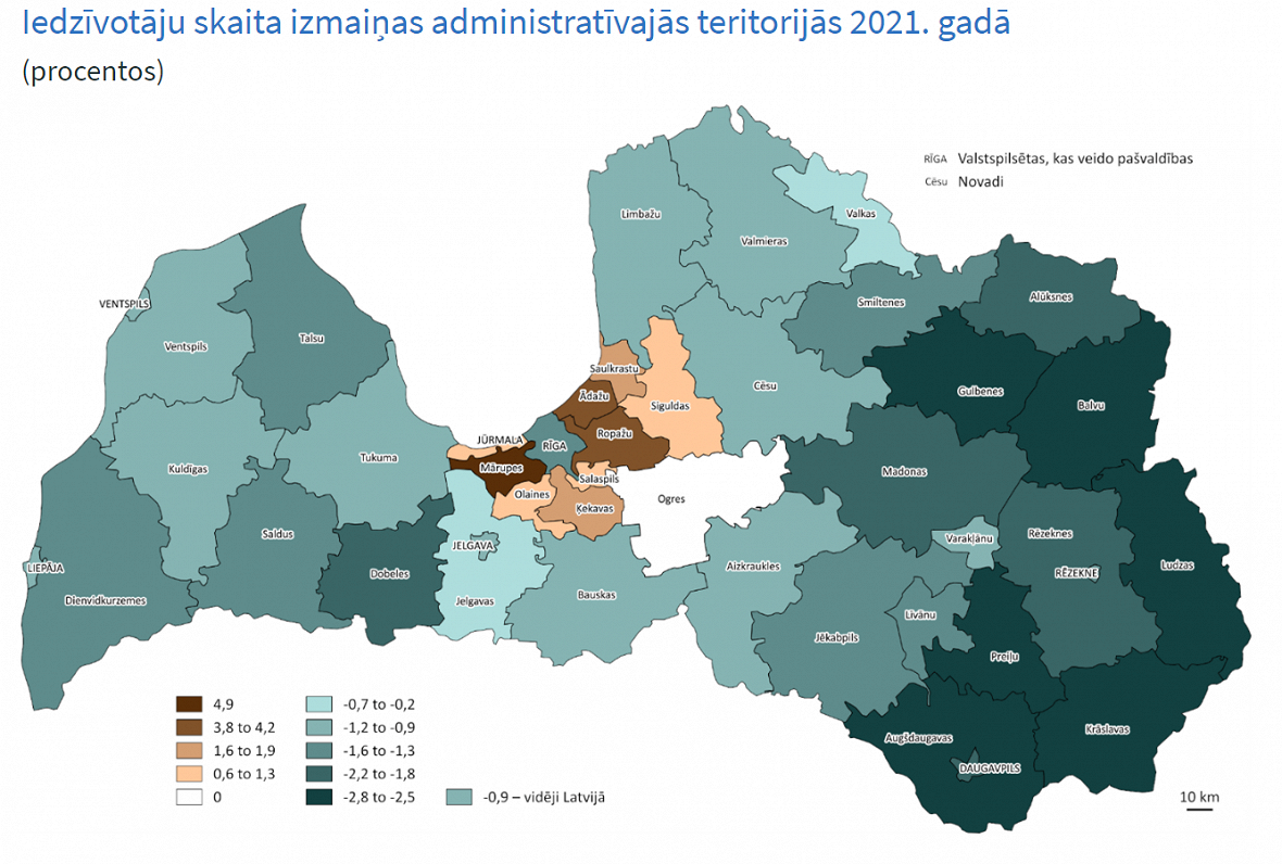 Elanikkonna muutus Läti regioonides 2021 aastal