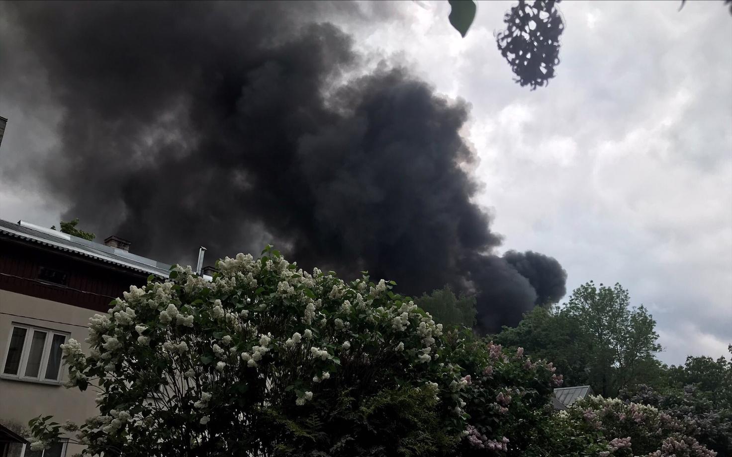 Smoke rising from the burning bus.