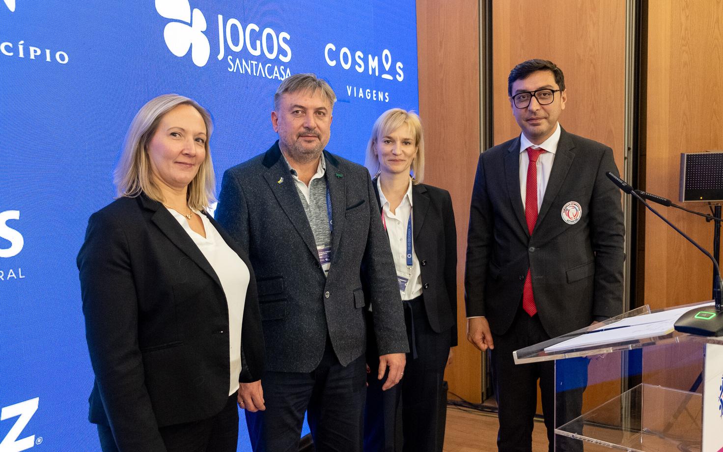 Euroopa Võimlemisliidu tegevjuht Lisa Worthmann (vasakult), Peeter Tishler, Natalja Inno ja Euroopa võimlemisliidu president Farid Gayibov.