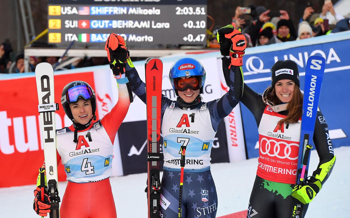 Lara Gut-Behrami (vasakult), Mikaela Shiffrin ja Marta Bassino.