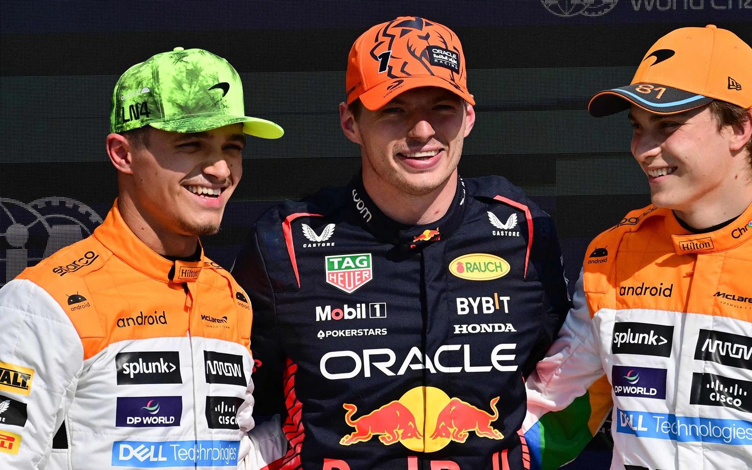 Lando Norris, Max Verstappen ja Oscar Piastri