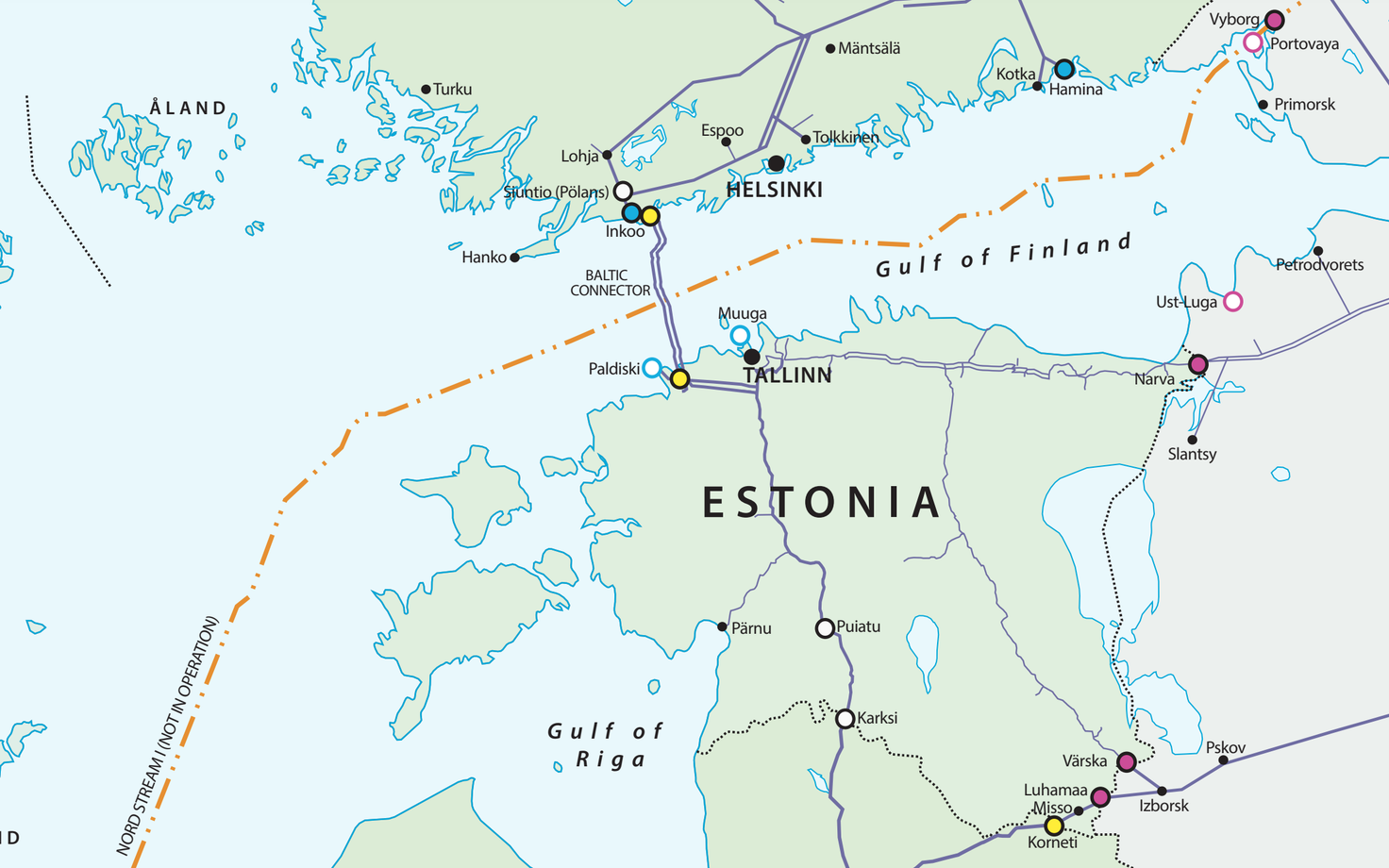 Eesti ja Soome vaheline gaasitoru Balticconnector ning teised gaasitrassid.