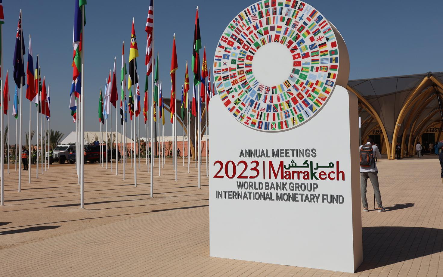 Rahvusvahelise Valuutafondi ja Maailmapanga aastakoosoleku logo Marrakechis