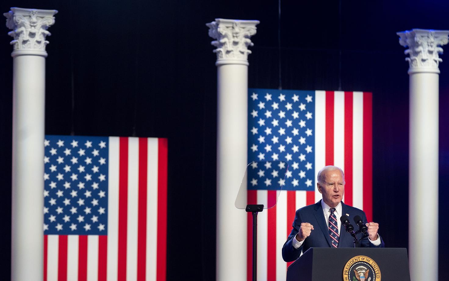 USA president Joe Biden oma valimiskampaania avakõnet pidamas.