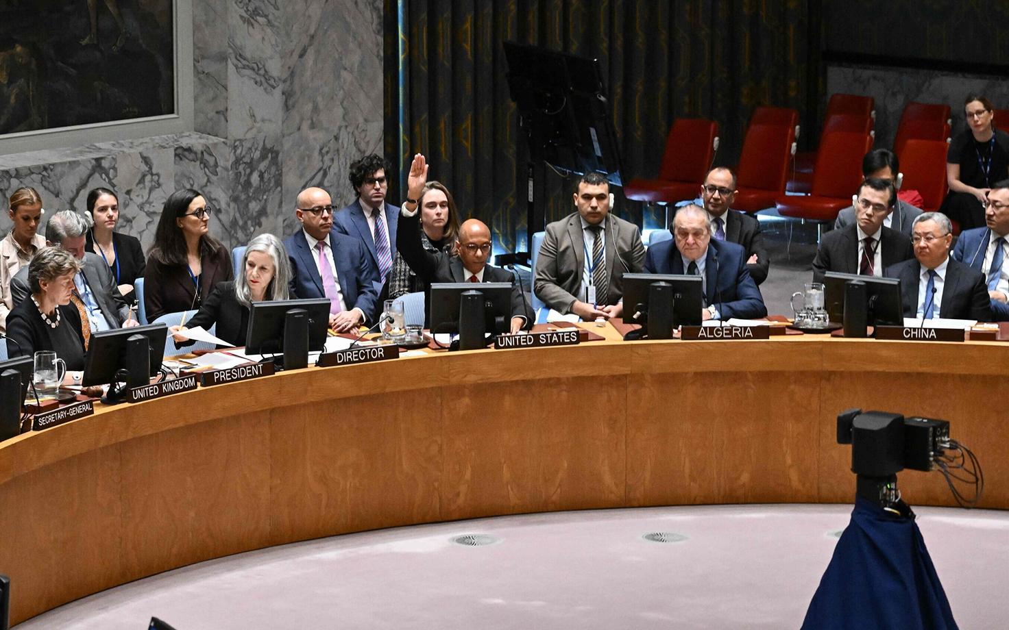 Роберт Вуд, заместитель посла США в ООН, поднимает руку, чтобы наложить вето на проект резолюции, призывающий к прекращению огня в секторе Газа.