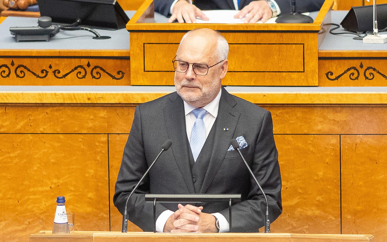 President Alar Karis addressing the Riigikogu at the opening of its 2026 fall session. September 14, 2026.