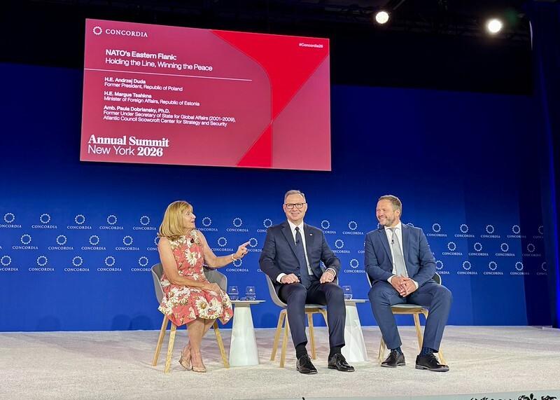 Margus Tsahkna appearing at the Concordia Summit together with former president of Poland Andrzej Duda and former US under secretary of state for democracy and global affairs Paula Dobriansky.