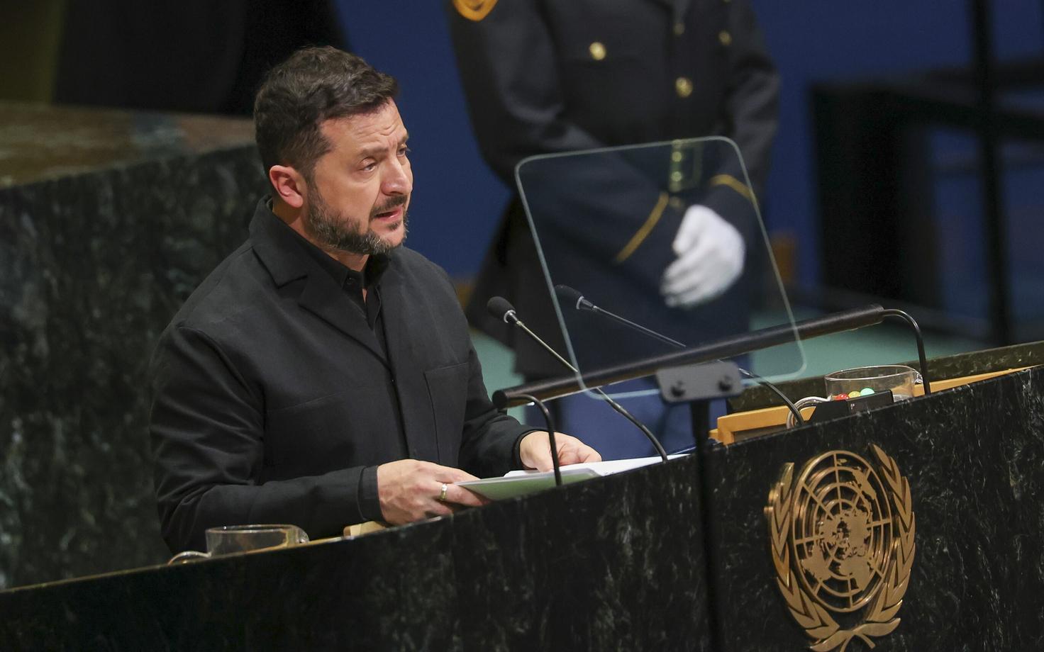 Ukraina president Volodõmõr Zelenski ÜRO Peaassambleel kõnet pidamas.