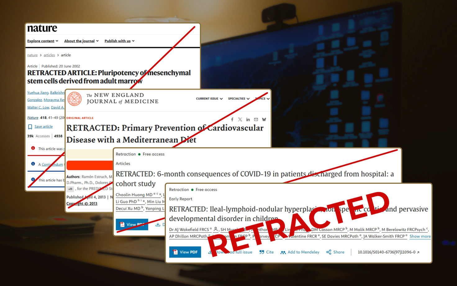 Kuvatõmmised Retraction Watchi kogutud teadusartiklitest, mis on andmebaasidest tagasi võetud, kuid millele on viidatud tuhandeid kordi.