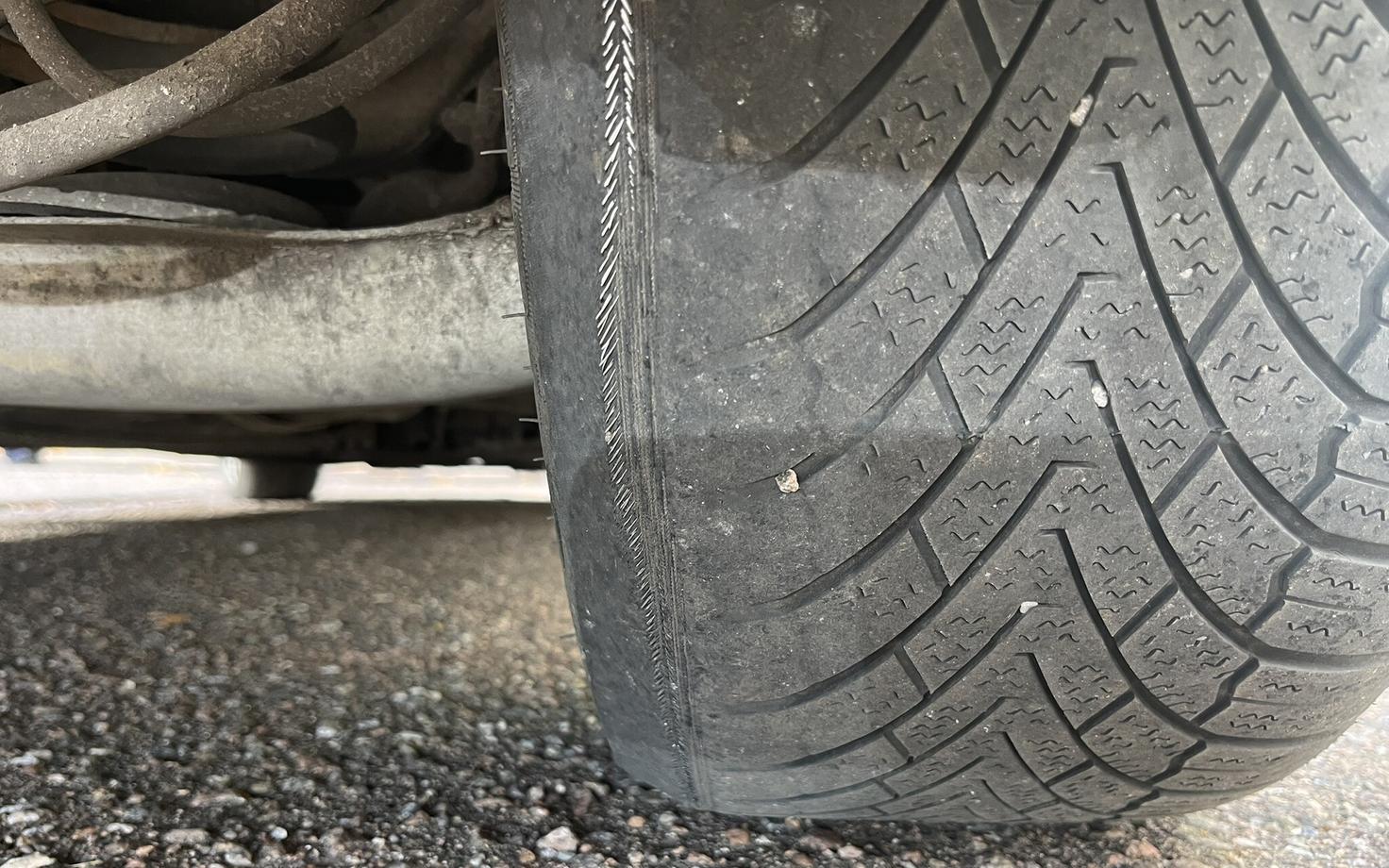 An example of a very worn tire. A tire in such a condition should not be used at any time of year.