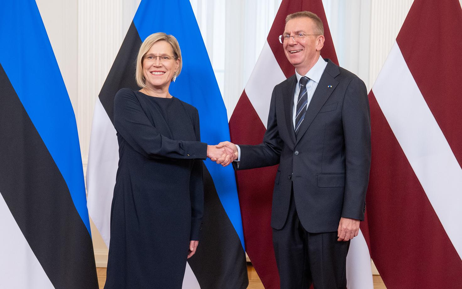 President Ülle Madise in Riga for her first foreign visit as head of state, meeting Latvian President Edgars Rinkevičs.
